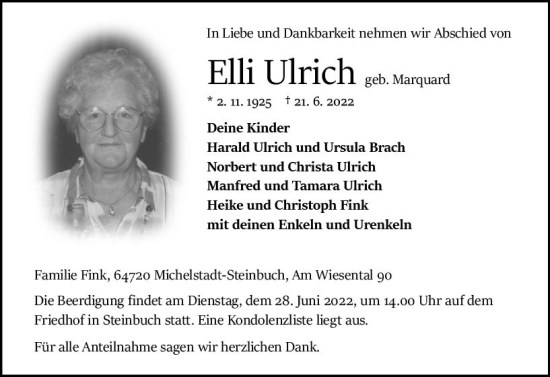 Traueranzeige von Elli Ulrich von vrm-trauer Odenwälder Echo