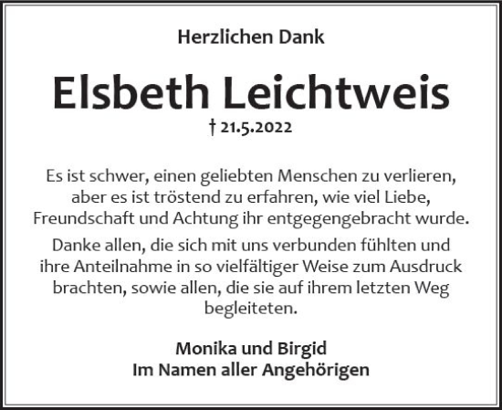 Traueranzeige von Elsbeth Leichtweis von vrm-trauer Wiesbadener Kurier