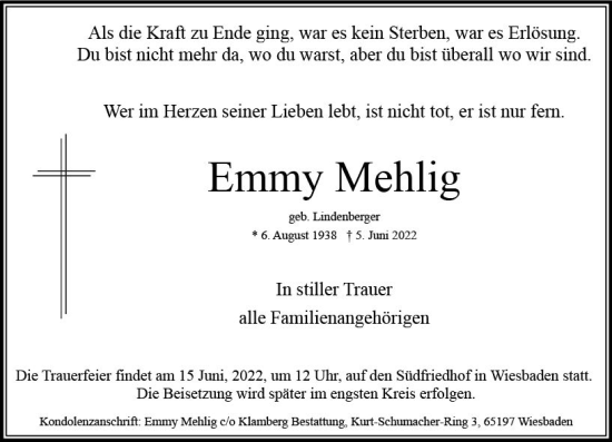 Traueranzeige von Emmy Mehlig von vrm-trauer Wiesbadener Kurier