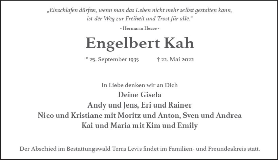 Traueranzeige von Engelbert Kah von vrm-trauer Wiesbadener Kurier