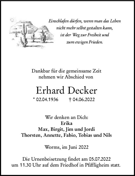 Traueranzeige von Erhard Decker von vrm-trauer Wormser Zeitung