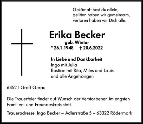 Traueranzeige von Erika Becker von vrm-trauer Groß-Gerauer Echo