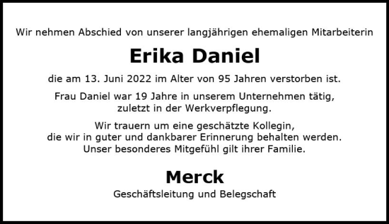 Traueranzeige von Erika Daniel von vrm-trauer Darmstädter Echo