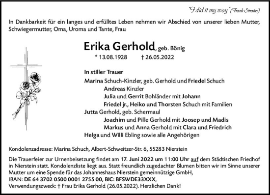 Traueranzeige von Erika Gerhold von vrm-trauer AZ Mainz
