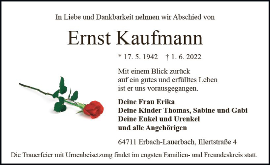 Traueranzeige von Ernst Kaufmann von vrm-trauer Odenwälder Echo