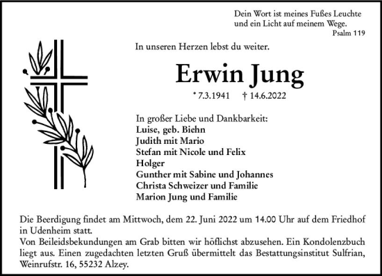 Traueranzeige von Erwin Jung von vrm-trauer Allgemeine Zeitung Alzey