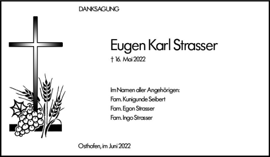 Traueranzeige von Eugen Karl Strasser von vrm-trauer Wormser Zeitung