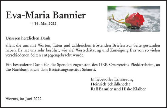 Traueranzeige von Eva-Maria Bannier von vrm-trauer Wormser Zeitung
