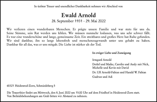 Traueranzeige von Ewald Arnold von vrm-trauer Wiesbadener Kurier