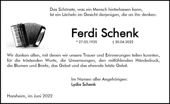 Traueranzeige von Ferdi Schenk von vrm-trauer AZ Mainz