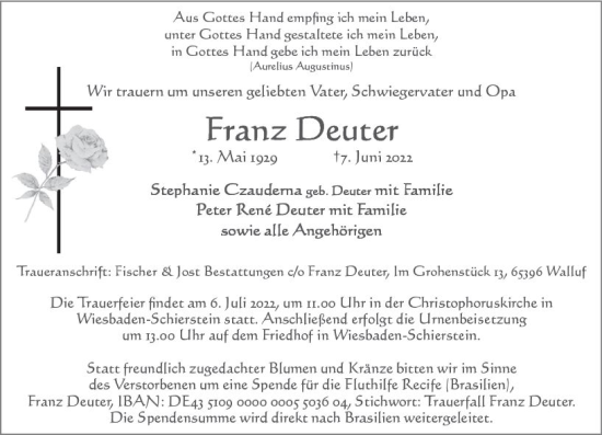 Traueranzeige von Franz Deuter von vrm-trauer Wiesbadener Kurier