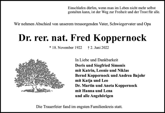 Traueranzeige von Fred Koppernock von vrm-trauer Darmstädter Echo