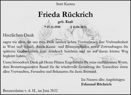 Traueranzeige von Frieda Rückrich von vrm-trauer Allgemeine Zeitung Alzey