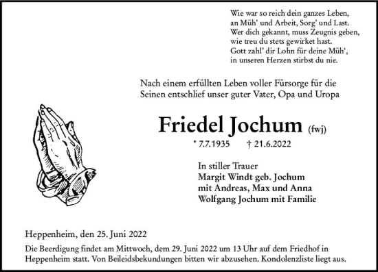 Traueranzeige von Friedel Jochum von vrm-trauer Bürstädter/Lamperth. Ztg/Starkenburger