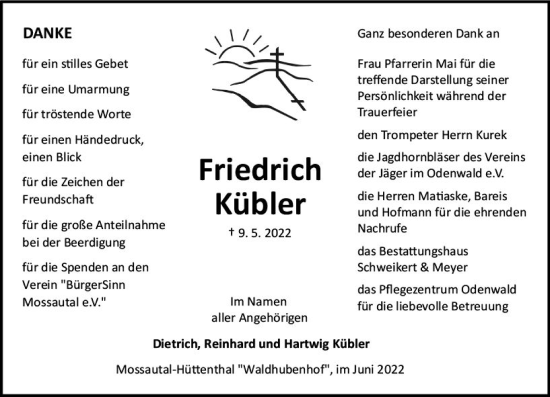 Traueranzeige von Friedrich Kübler von vrm-trauer Odenwälder Echo