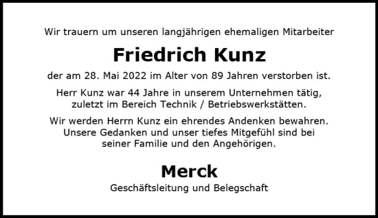 Traueranzeige von Friedrich Kunz von vrm-trauer Darmstädter Echo