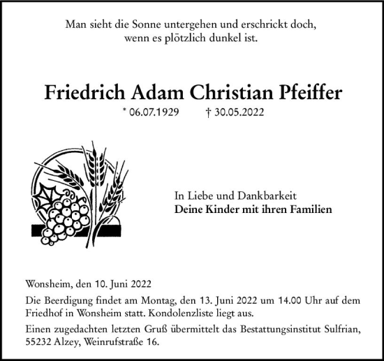 Traueranzeige von Friedrich Adam Christian Pfeiffer von vrm-trauer Allgemeine Zeitung Alzey