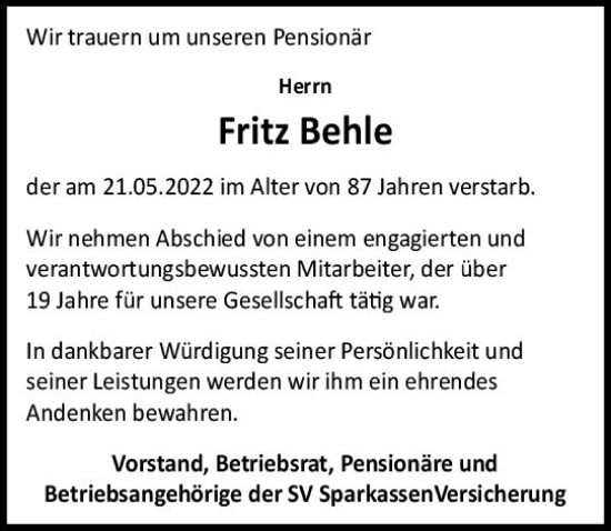 Traueranzeige von Fritz Behle von vrm-trauer Wiesbadener Kurier