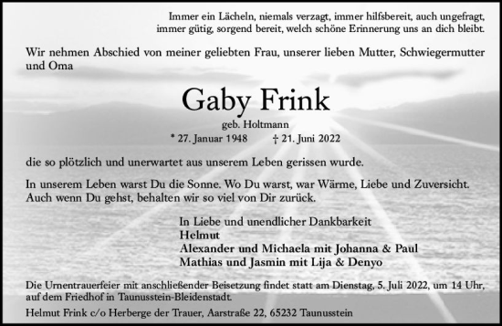 Traueranzeige von Gaby Frink von vrm-trauer Wiesbadener Kurier