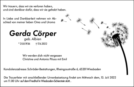 Traueranzeige von Gerda Cörper von vrm-trauer Wiesbadener Kurier