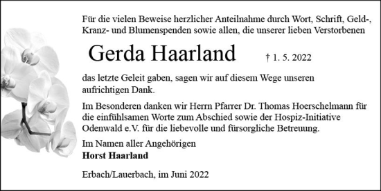 Traueranzeige von Gerda Haarland von vrm-trauer Odenwälder Echo