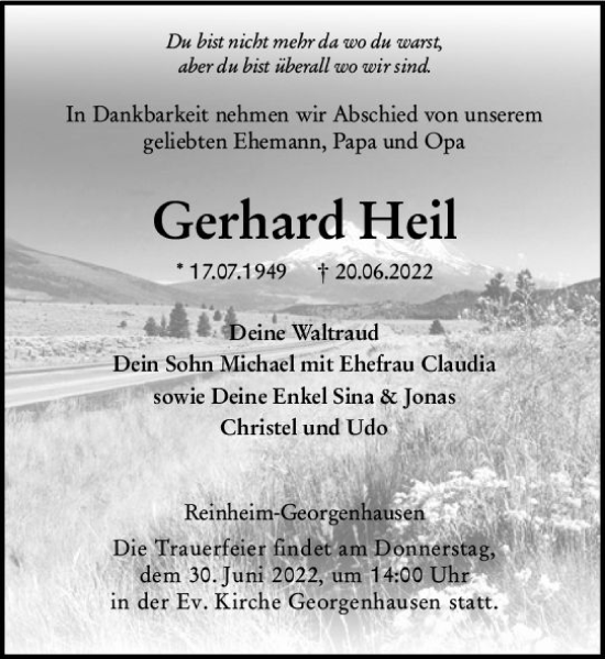 Traueranzeige von Gerhard Heil von vrm-trauer Darmstädter Echo