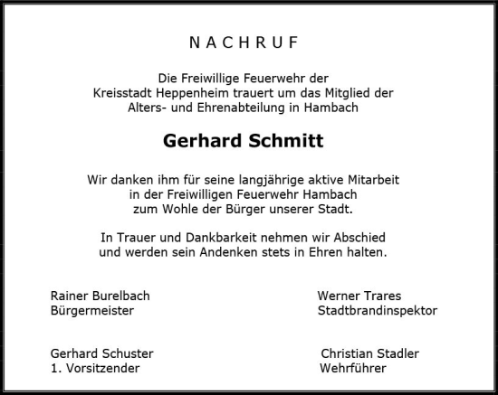 Traueranzeige von Gerhard Schmitt von vrm-trauer Bürstädter/Lamperth. Ztg/Starkenburger