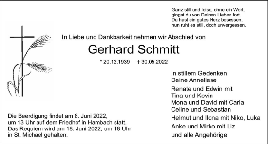 Traueranzeige von Gerhard Schmitt von vrm-trauer Bürstädter/Lamperth. Ztg/Starkenburger