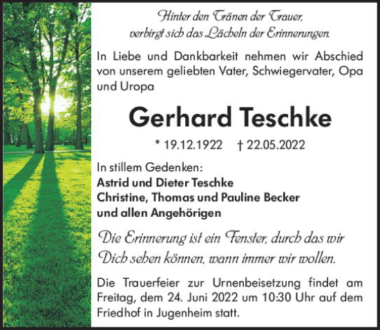 Traueranzeige von Gerhard Teschke von vrm-trauer Darmstädter Echo