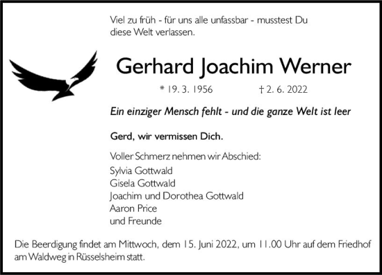 Traueranzeige von Gerhard Joachim Werner von vrm-trauer Rüsselsheimer Echo / MainSpitze