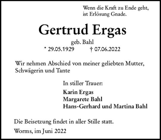 Traueranzeige von Gertrud Ergas von vrm-trauer Wormser Zeitung