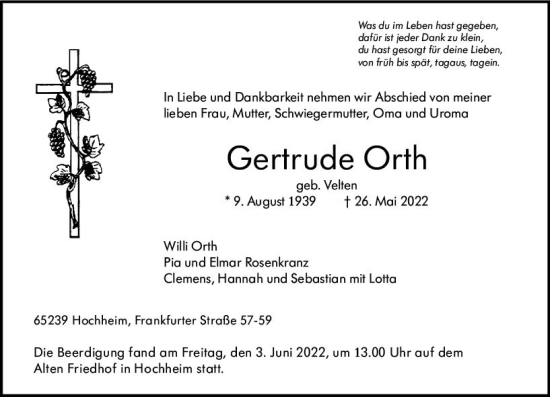 Traueranzeige von Gertrude Orth von vrm-trauer Wiesbadener Kurier