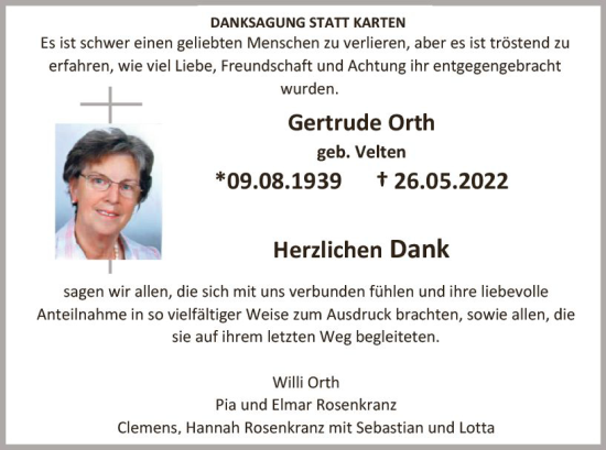 Traueranzeige von Gertrude Orth von vrm-trauer Hochheimer Zeitung