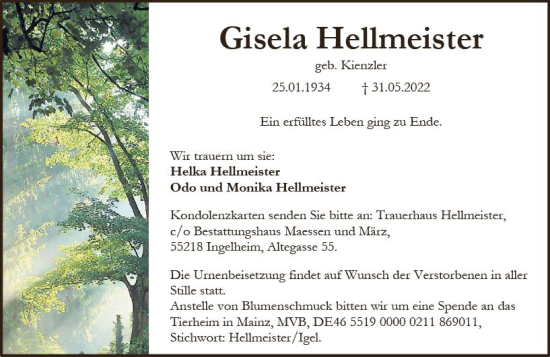 Traueranzeige von Gisela Hellmeister von vrm-trauer Allgemeine  Zeitung Ingelheim-Bingen