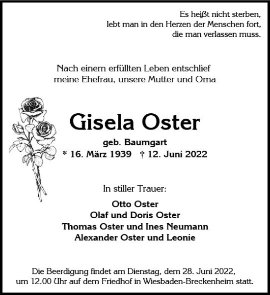 Traueranzeige von Gisela Oster von vrm-trauer Wiesbadener Kurier