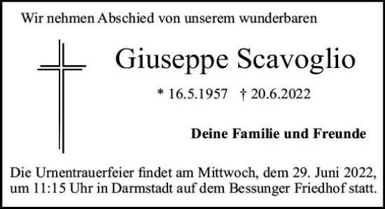 Traueranzeige von Giuseppe Scavoglio von vrm-trauer Darmstädter Echo
