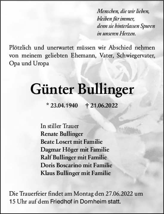 Traueranzeige von Günter Bullinger von vrm-trauer Groß-Gerauer Echo