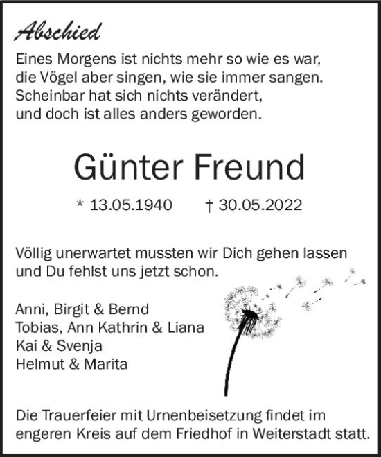Traueranzeige von Günter Freund von vrm-trauer Darmstädter Echo