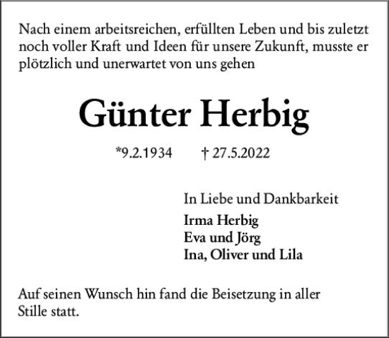 Traueranzeige von Günter Herbig von vrm-trauer Rüsselsheimer Echo / MainSpitze