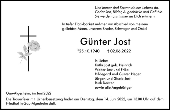 Traueranzeige von Günter Jost von vrm-trauer Allgemeine  Zeitung Ingelheim-Bingen