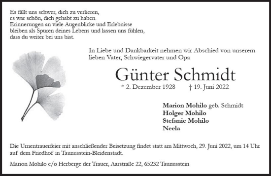 Traueranzeige von Günter Schmidt von vrm-trauer Wiesbadener Kurier