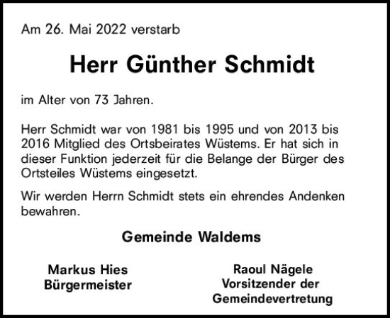 Traueranzeige von Günther Schmidt von vrm-trauer Idsteiner Zeitung