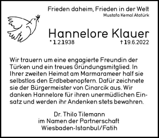 Traueranzeige von Hannelore Klauer von vrm-trauer Wiesbadener Kurier