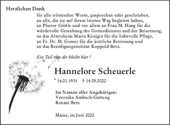 Traueranzeige von Hannelore Scheuerle von vrm-trauer AZ Mainz