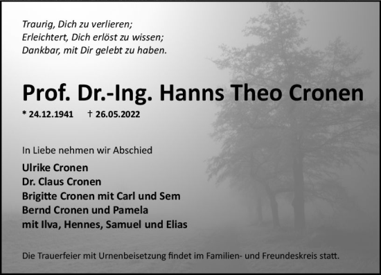 Traueranzeige von Hanns Theo Cronen von vrm-trauer AZ Mainz