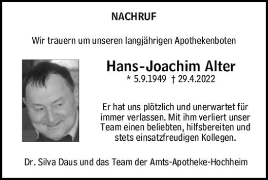 Traueranzeige von Hans-Joachim Alter von vrm-trauer Hochheimer Zeitung