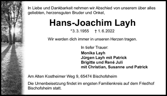 Traueranzeige von Hans-Joachim Layh von vrm-trauer AZ Mainz