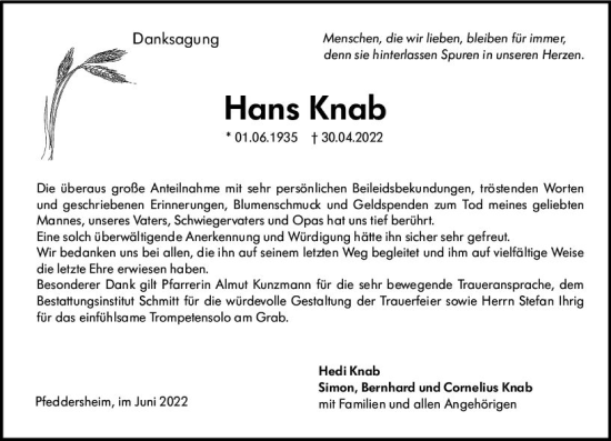 Traueranzeige von Hans Knab von vrm-trauer Wormser Zeitung