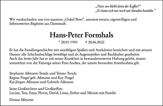 Traueranzeige von Hans-Peter Formhals von vrm-trauer Darmstädter Echo