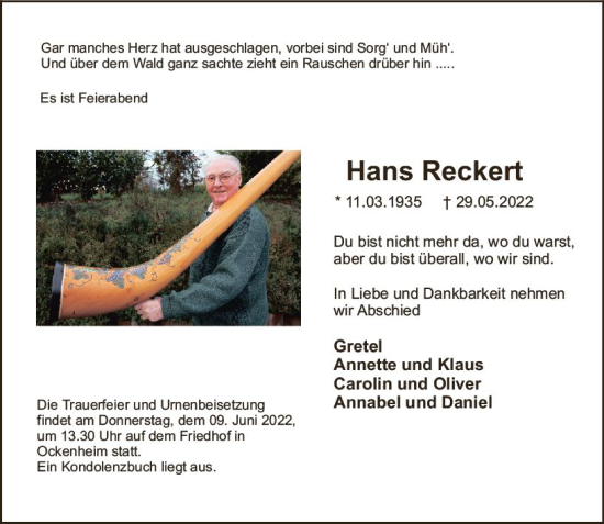 Traueranzeige von Hans Reckert von vrm-trauer Allgemeine  Zeitung Ingelheim-Bingen